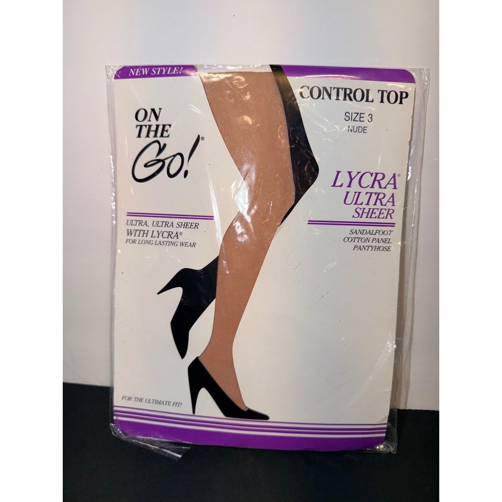 On The Go! Lycra Ultra Sheer Control Top Pantyhose Nude Sz 3 Sandalfoot OTG-3